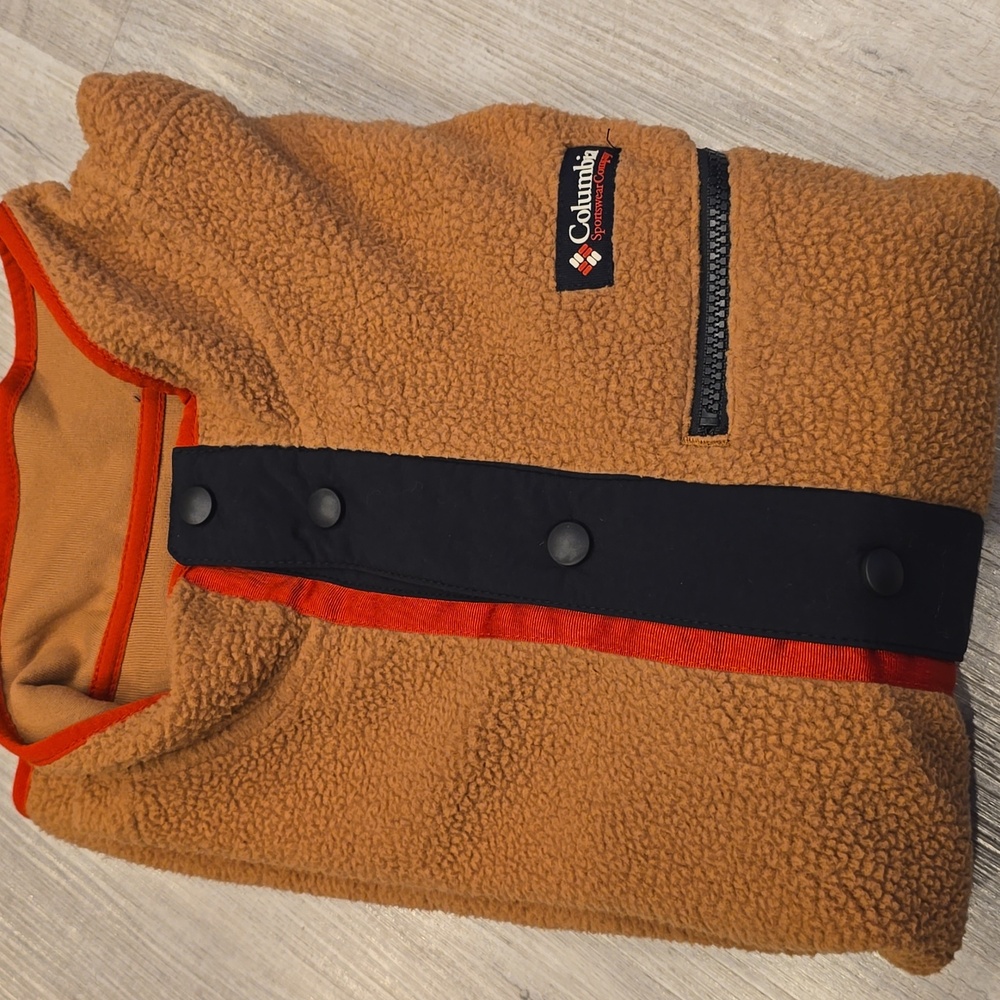 COLUMBIA Fleece VEST TAN RED BLACK Snap Front XL Mens Helvetia II NEW $75 ZIP - Picture 2 of 7